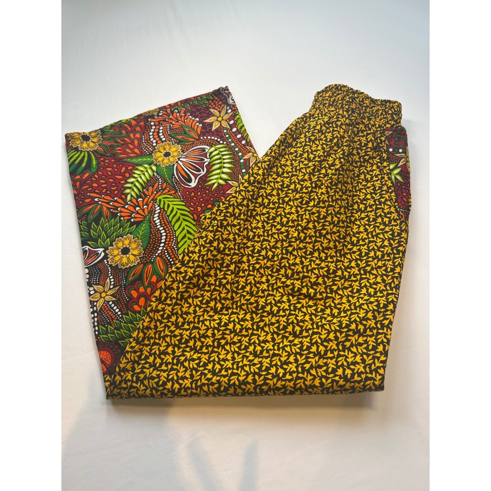 African Ankara Style Wide Leg Pants Women Medium Yellow Floral Mixed Print Boho